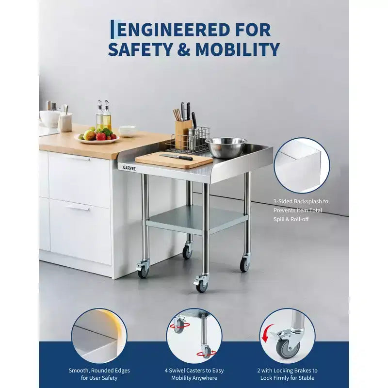 Établi en acier inoxydable avec roulettes et étagère inférieure, table de travail galvanisée robuste et réglable, pour cuisine commerciale, garage, atelier