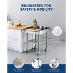 Établi en acier inoxydable avec roulettes et étagère inférieure, table de travail galvanisée robuste et réglable, pour cuisine commerciale, garage, atelier