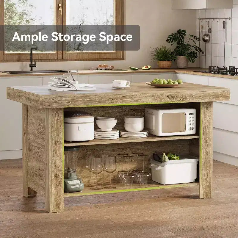 Îlot de cuisine de 140 cm avec rangement, table îlot fixe en bois à 3 niveaux, table de bar moderne avec étagère de rangement pour cuisine, marron rustique