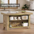 Îlot de cuisine de 140 cm avec rangement, table îlot fixe en bois à 3 niveaux, table de bar moderne avec étagère de rangement pour cuisine, marron rustique
