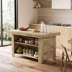 Îlot de cuisine de 140 cm avec rangement, table îlot fixe en bois à 3 niveaux, table de bar moderne avec étagère de rangement pour cuisine, marron rustique