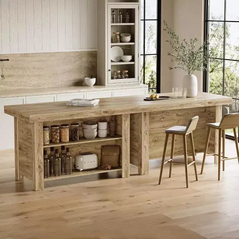 Îlot de cuisine de 140 cm avec rangement, table îlot fixe en bois à 3 niveaux, table de bar moderne avec étagère de rangement pour cuisine, marron rustique