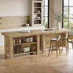 Îlot de cuisine de 140 cm avec rangement, table îlot fixe en bois à 3 niveaux, table de bar moderne avec étagère de rangement pour cuisine, marron rustique
