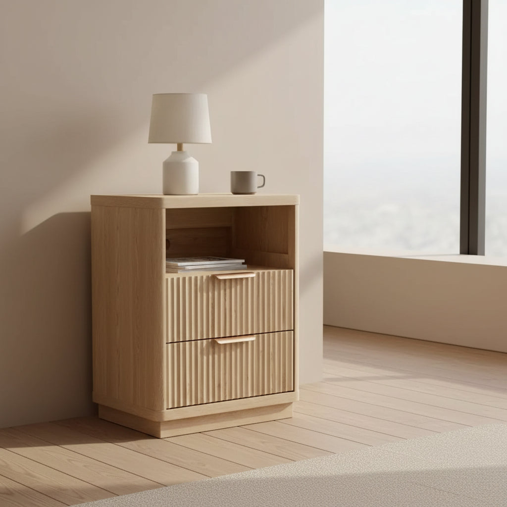 Fluted Nightstand with 2 Drawers, Mid Century Modern Bedside Table with Curved Edges, Wooden End Table for Bedroom Living Room, Natural Wood Color
