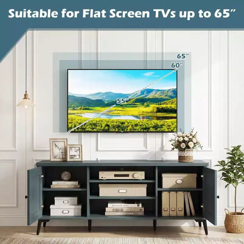 Meuble TV 2 portes pour téléviseurs jusqu'à 65" avec 2 armoires de rangement et 4 étagères réglables - Turquoise/Marron