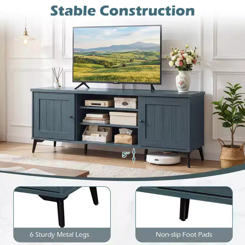 Meuble TV 2 portes pour téléviseurs jusqu'à 65" avec 2 armoires de rangement et 4 étagères réglables - Turquoise/Marron