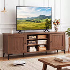 Meuble TV 2 portes pour téléviseurs jusqu'à 65" avec 2 armoires de rangement et 4 étagères réglables - Turquoise/Marron