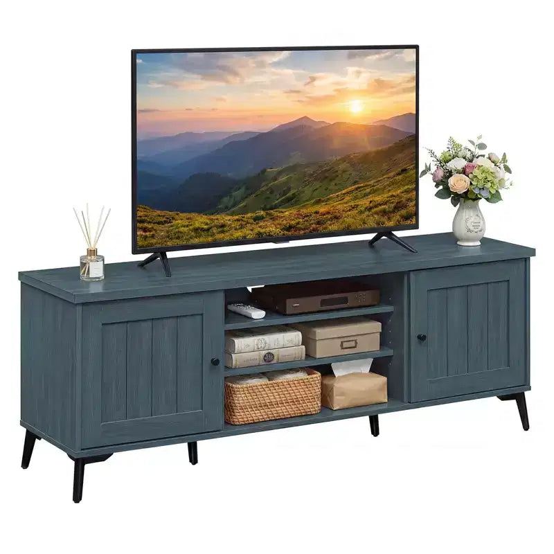 Meuble TV 2 portes pour téléviseurs jusqu'à 65" avec 2 armoires de rangement et 4 étagères réglables - Turquoise/Marron