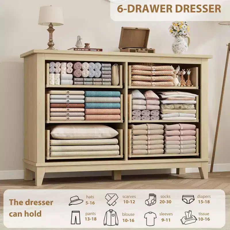 6 Dresser, 47 in Wide Drawer Dresser, Freestanding Wooden Drawer, Large Storage, for Bedroom, Living Room