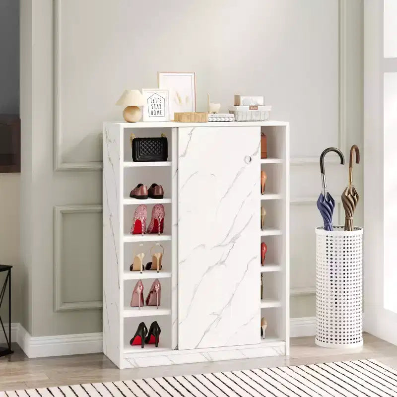 Marble White Shoe Cabinet With Sliding Door With 6 Tiers Can Hold At Least 30 Pairs Shoes