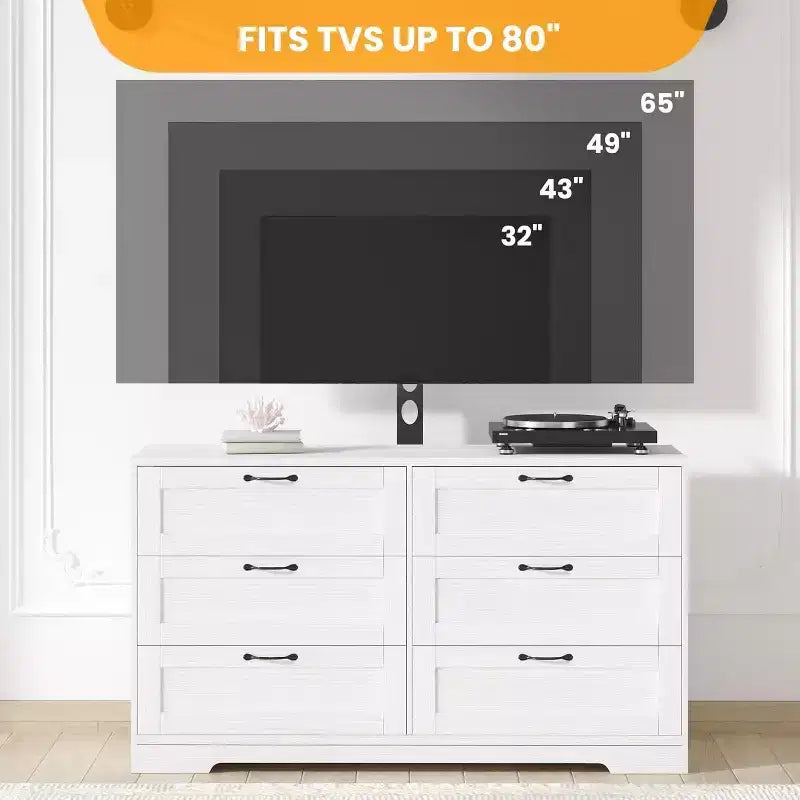 Meuble TV moderne avec support réglable, commode de rangement à 6 tiroirs - Grande table console multimédia en MDF pour téléviseurs de 32 à 80 pouces - Meuble de divertissement pour salon