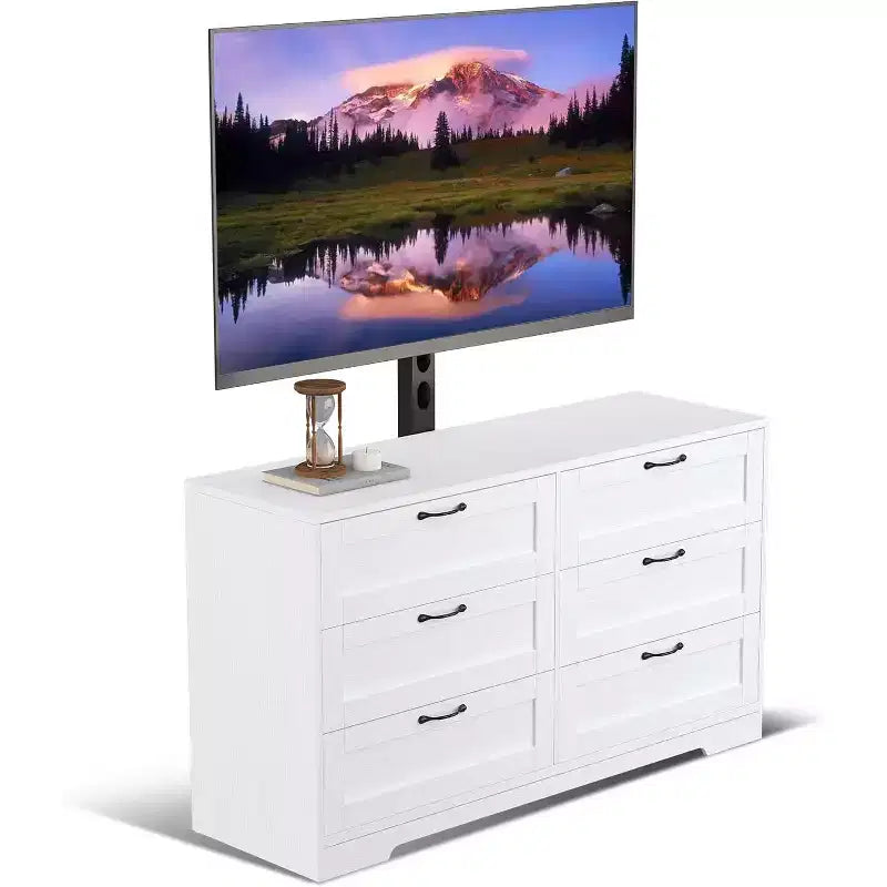 Meuble TV moderne avec support réglable, commode de rangement à 6 tiroirs - Grande table console multimédia en MDF pour téléviseurs de 32 à 80 pouces - Meuble de divertissement pour salon