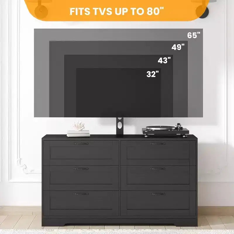 Meuble TV moderne avec support réglable, commode de rangement à 6 tiroirs - Grande table console multimédia en MDF pour téléviseurs de 32 à 80 pouces - Meuble de divertissement pour salon