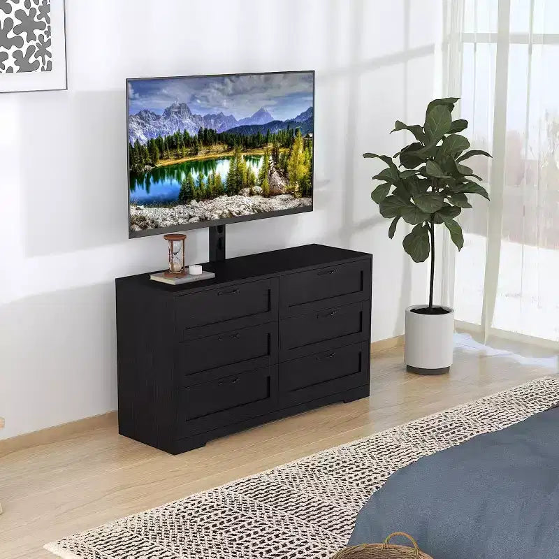 Meuble TV moderne avec support réglable, commode de rangement à 6 tiroirs - Grande table console multimédia en MDF pour téléviseurs de 32 à 80 pouces - Meuble de divertissement pour salon
