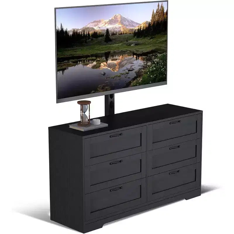 Meuble TV moderne avec support réglable, commode de rangement à 6 tiroirs - Grande table console multimédia en MDF pour téléviseurs de 32 à 80 pouces - Meuble de divertissement pour salon