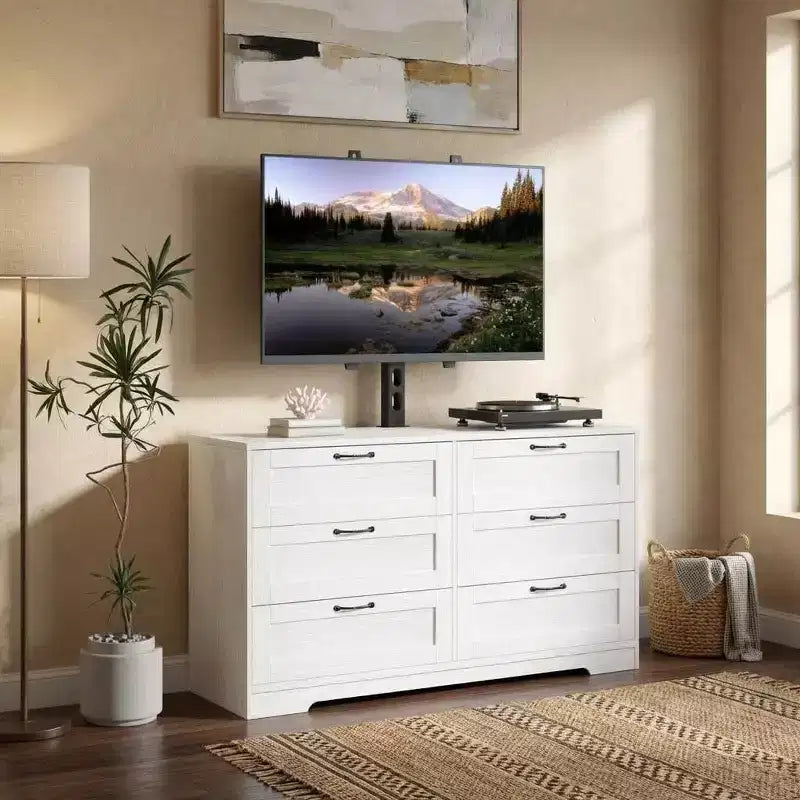 Meuble TV moderne avec support réglable, commode de rangement à 6 tiroirs - Grande table console multimédia en MDF pour téléviseurs de 32 à 80 pouces - Meuble de divertissement pour salon