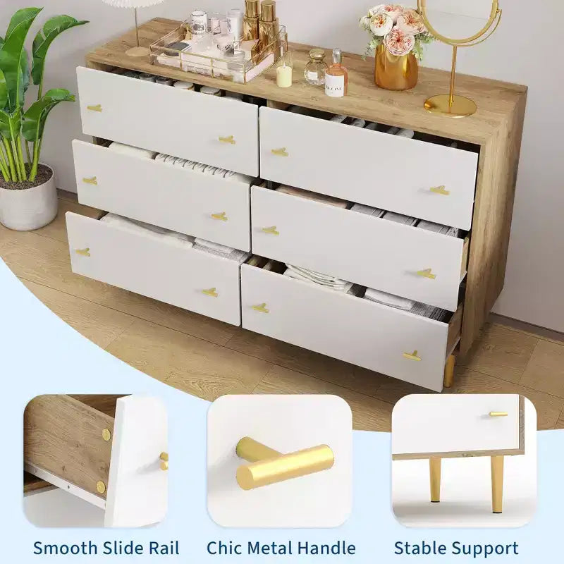 Commode de ferme à 6 tiroirs, commode en bois rustique, grand rangement, armoire de rangement décorative, pour chambre, salon