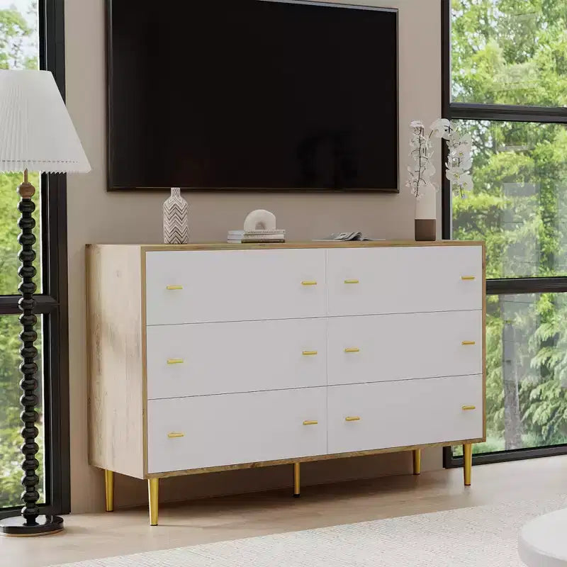 Commode de ferme à 6 tiroirs, commode en bois rustique, grand rangement, armoire de rangement décorative, pour chambre, salon