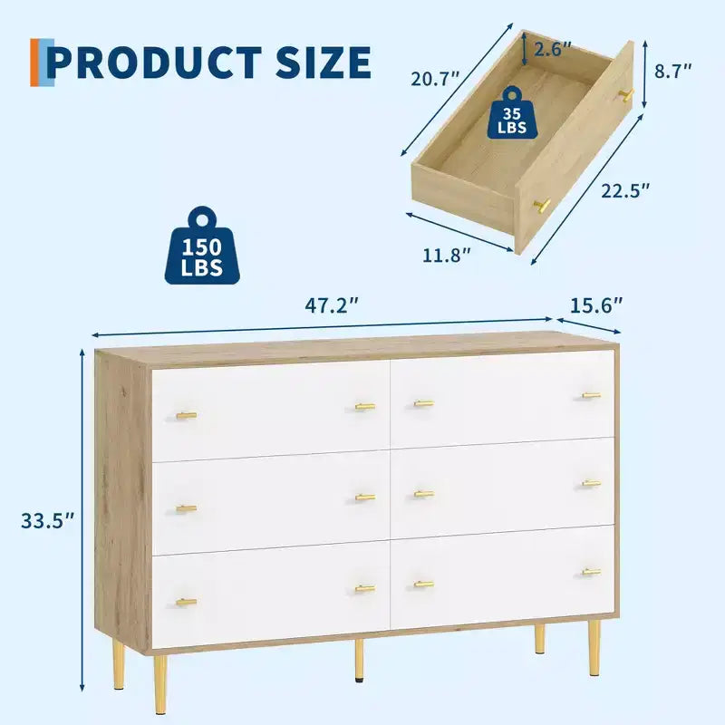 Commode de ferme à 6 tiroirs, commode en bois rustique, grand rangement, armoire de rangement décorative, pour chambre, salon