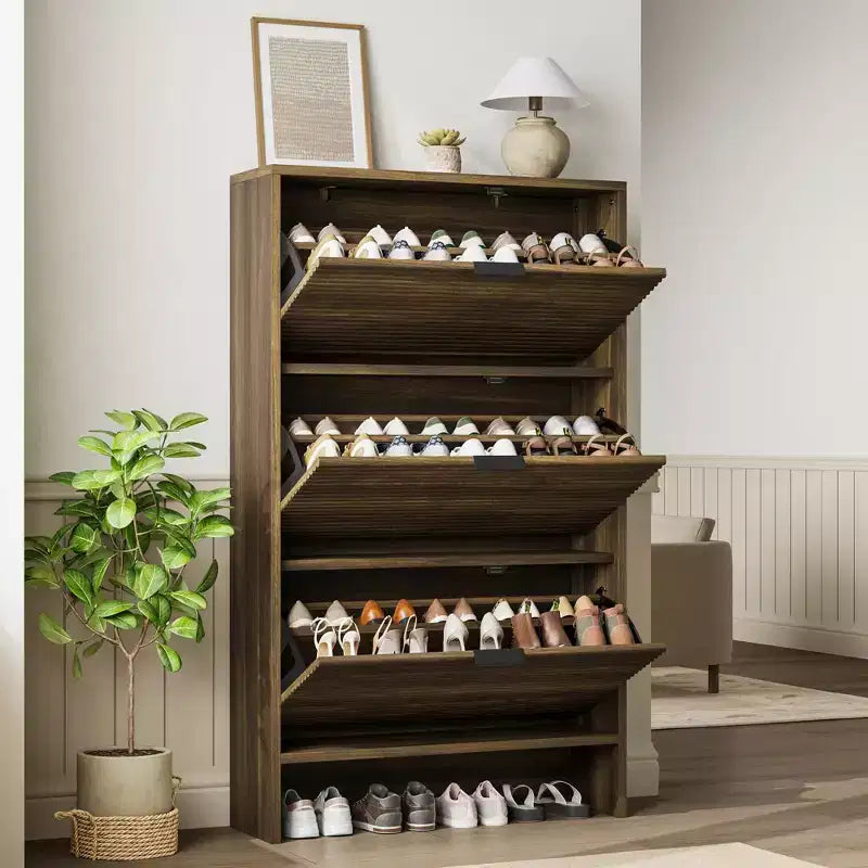 32 Wide Tall Fluted Shoe Storage Cabinet with 3 Flip Drawers, Freestanding Shoe Organizer for Entryway, Hallway and Home