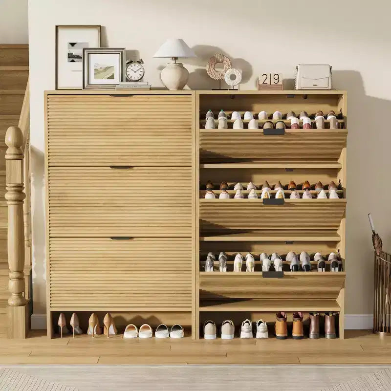 32 Wide Tall Fluted Shoe Storage Cabinet with 3 Flip Drawers, Freestanding Shoe Organizer for Entryway, Hallway and Home