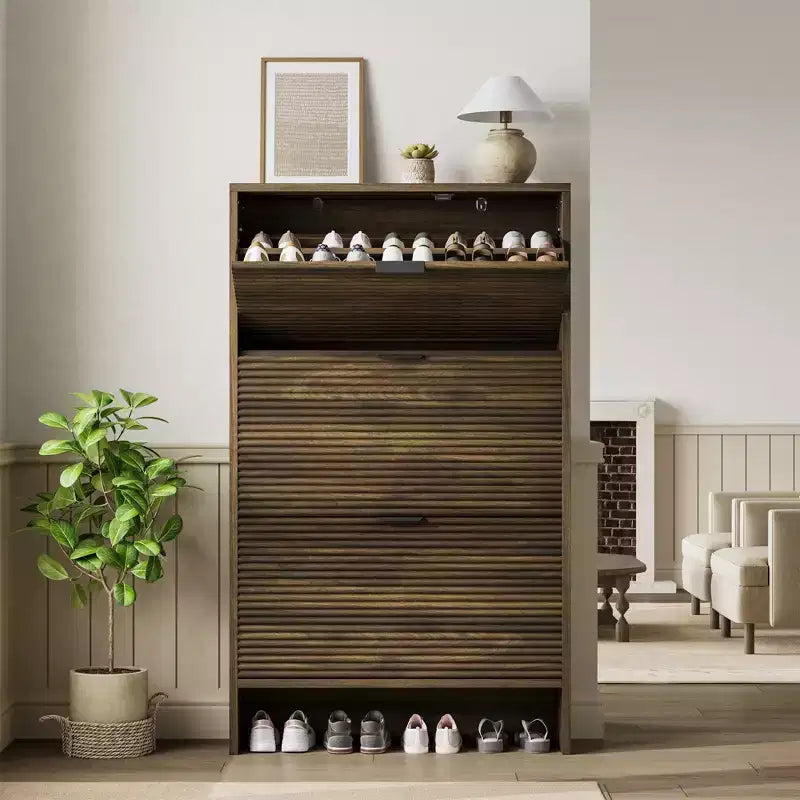 32 Wide Tall Fluted Shoe Storage Cabinet with 3 Flip Drawers, Freestanding Shoe Organizer for Entryway, Hallway and Home