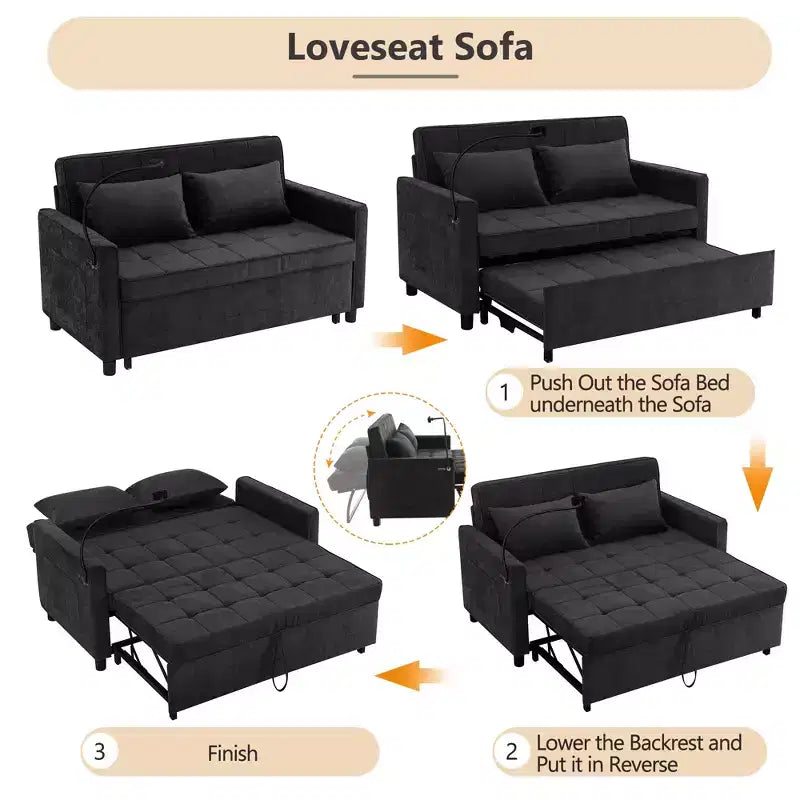 56.9 Loveseat Sofa Pull-out Sofa Bed Sleeper Sofa with Reversible Backrest Cushion, Two USB Ports