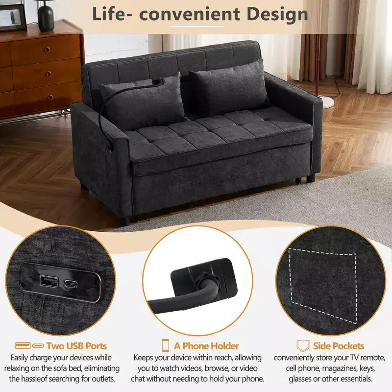 56.9 Loveseat Sofa Pull-out Sofa Bed Sleeper Sofa with Reversible Backrest Cushion, Two USB Ports