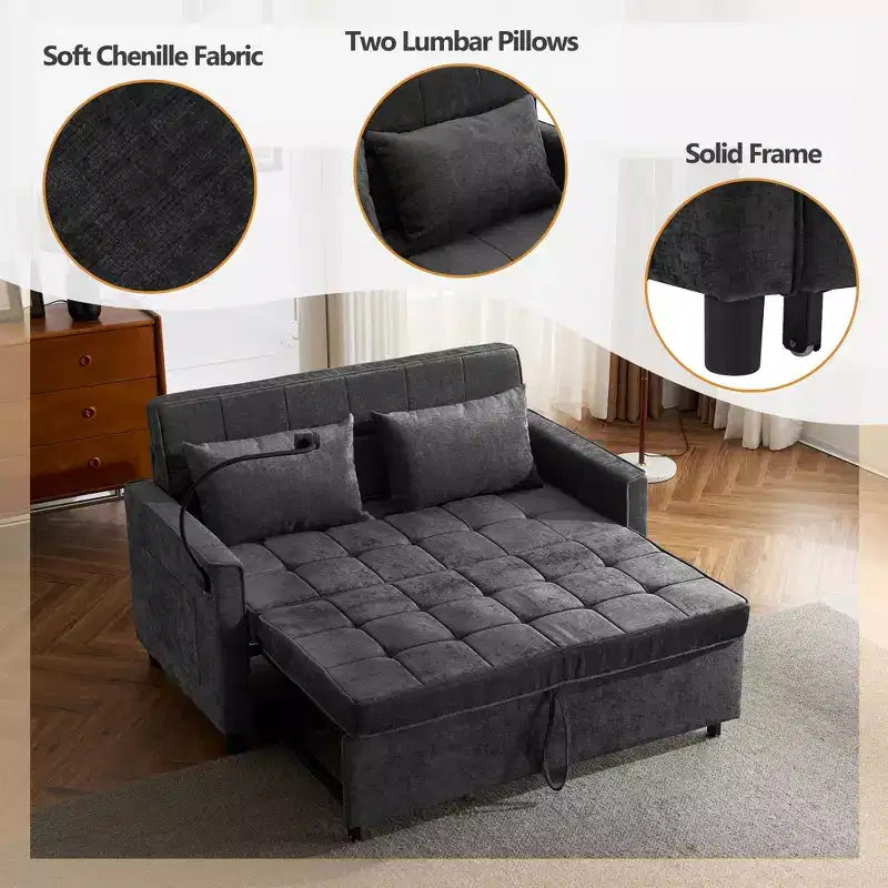 56.9 Loveseat Sofa Pull-out Sofa Bed Sleeper Sofa with Reversible Backrest Cushion, Two USB Ports