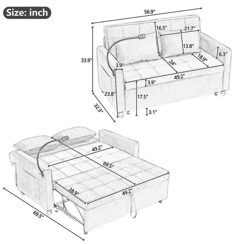 56.9 Loveseat Sofa Pull-out Sofa Bed Sleeper Sofa with Reversible Backrest Cushion, Two USB Ports