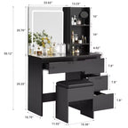 Coiffeuse avec Miroir LED, 4 Tiroirs, Prise de Courant, Tabouret de Rangement, Étagères et Support pour Sèche-Cheveux