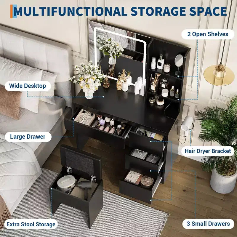Coiffeuse avec Miroir LED, 4 Tiroirs, Prise de Courant, Tabouret de Rangement, Étagères et Support pour Sèche-Cheveux
