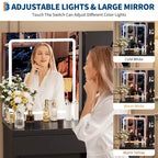 Coiffeuse avec Miroir LED, 4 Tiroirs, Prise de Courant, Tabouret de Rangement, Étagères et Support pour Sèche-Cheveux