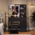 Coiffeuse avec Miroir LED, 4 Tiroirs, Prise de Courant, Tabouret de Rangement, Étagères et Support pour Sèche-Cheveux