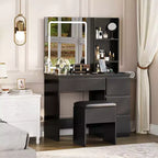 Coiffeuse avec Miroir LED, 4 Tiroirs, Prise de Courant, Tabouret de Rangement, Étagères et Support pour Sèche-Cheveux